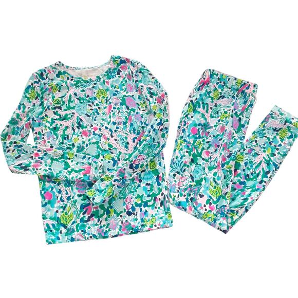 Lilly Pulitzer Girls Mini Sammy Pajama Set Multi Dive Bar Girls 12 Ocean Floral - Picture 1 of 15
